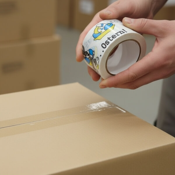 bedrucktes Paketklebeband in Hand